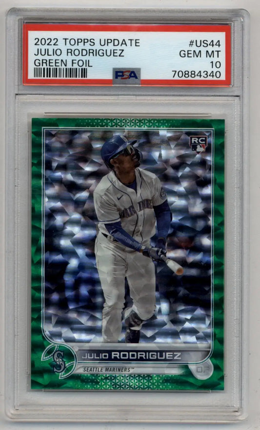 PSA 10 Gem Mint Julio Rodriguez 2022 Topps Update Green Foil baseball card in case