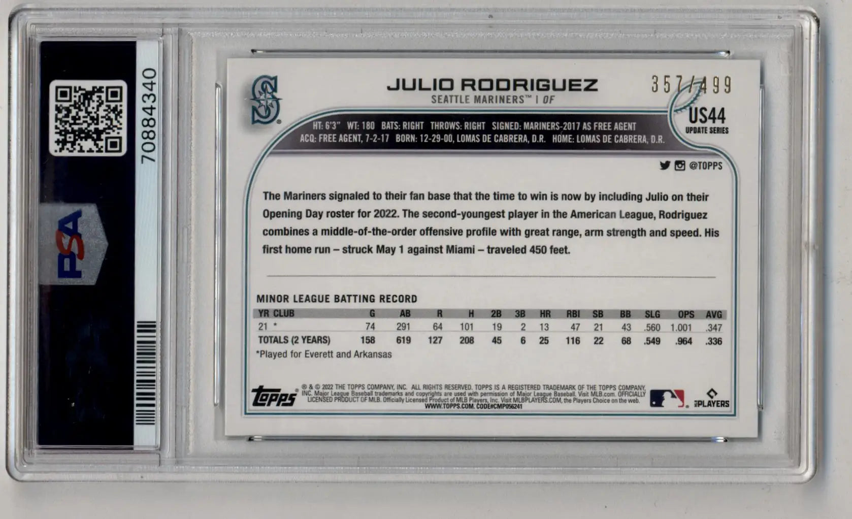 Julio Rodriguez 2022 Topps Update Green Foil 357/499 in protective holder with PSA 10 label