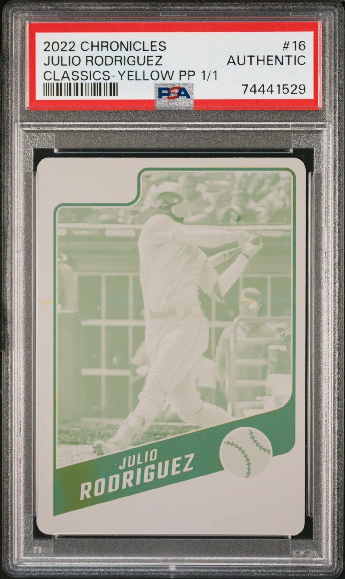PSA-graded Julio Rodriguez 2022 Chronicles Classic Yellow Printing Plate 1/1 baseball card