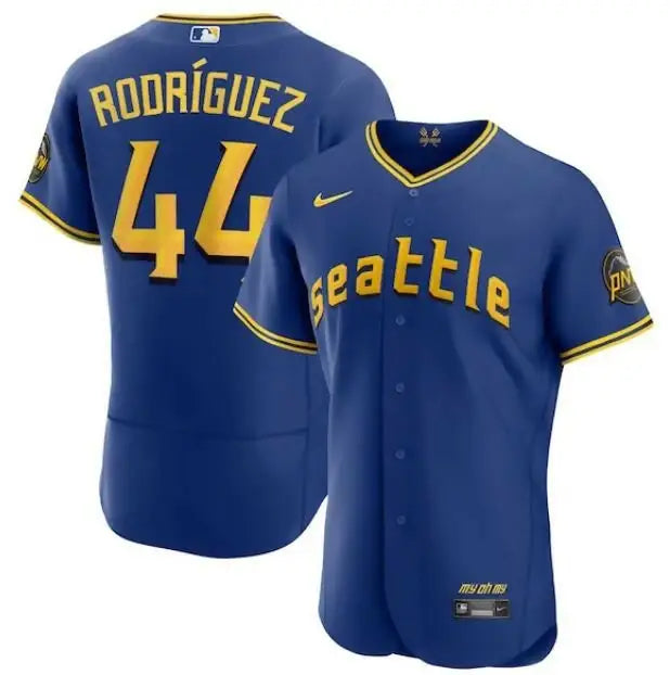 Blue and yellow Julio Rodríguez Seattle Mariners Nike City Connect jersey front view