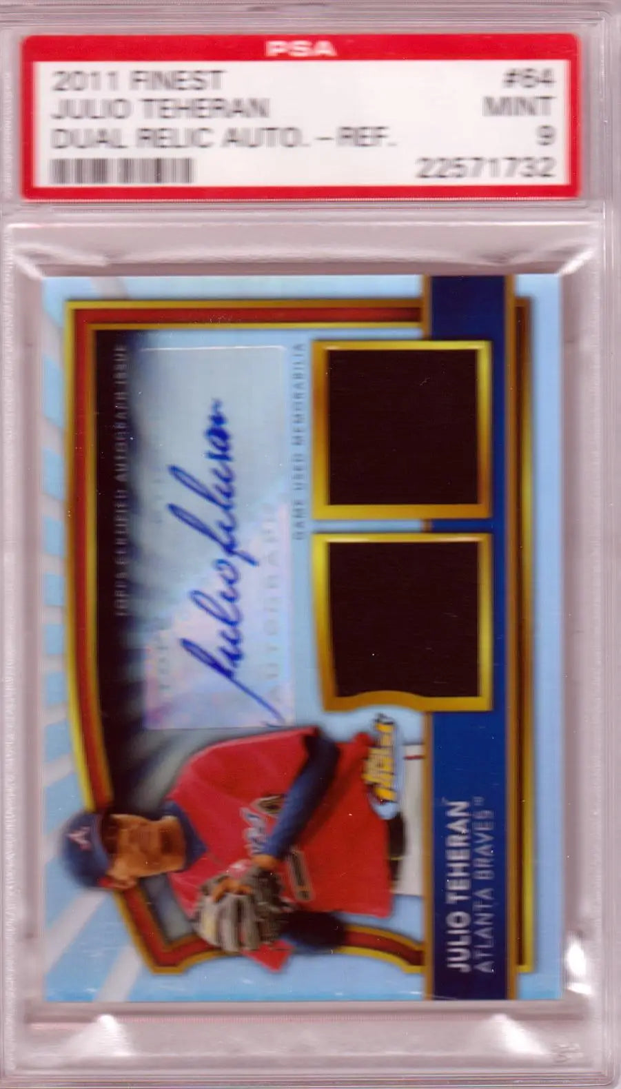 Graded Julio Teheran 2011 Topps Finest dual relic auto baseball card Columbia hobby