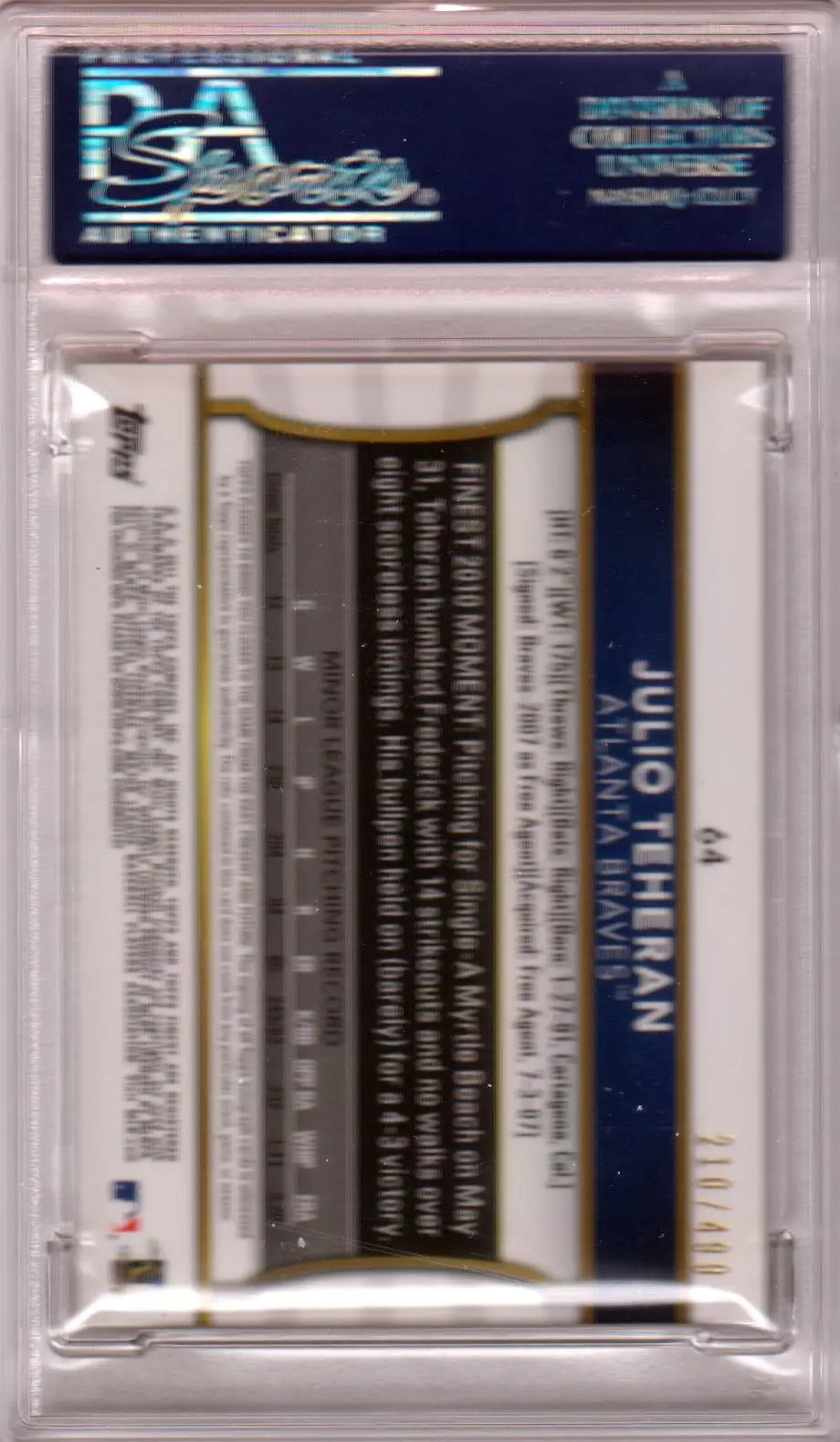 Graded Columbia Hobby Julio Teheran 2011 Topps Finest Dual Relic Auto Refractor PSA 9