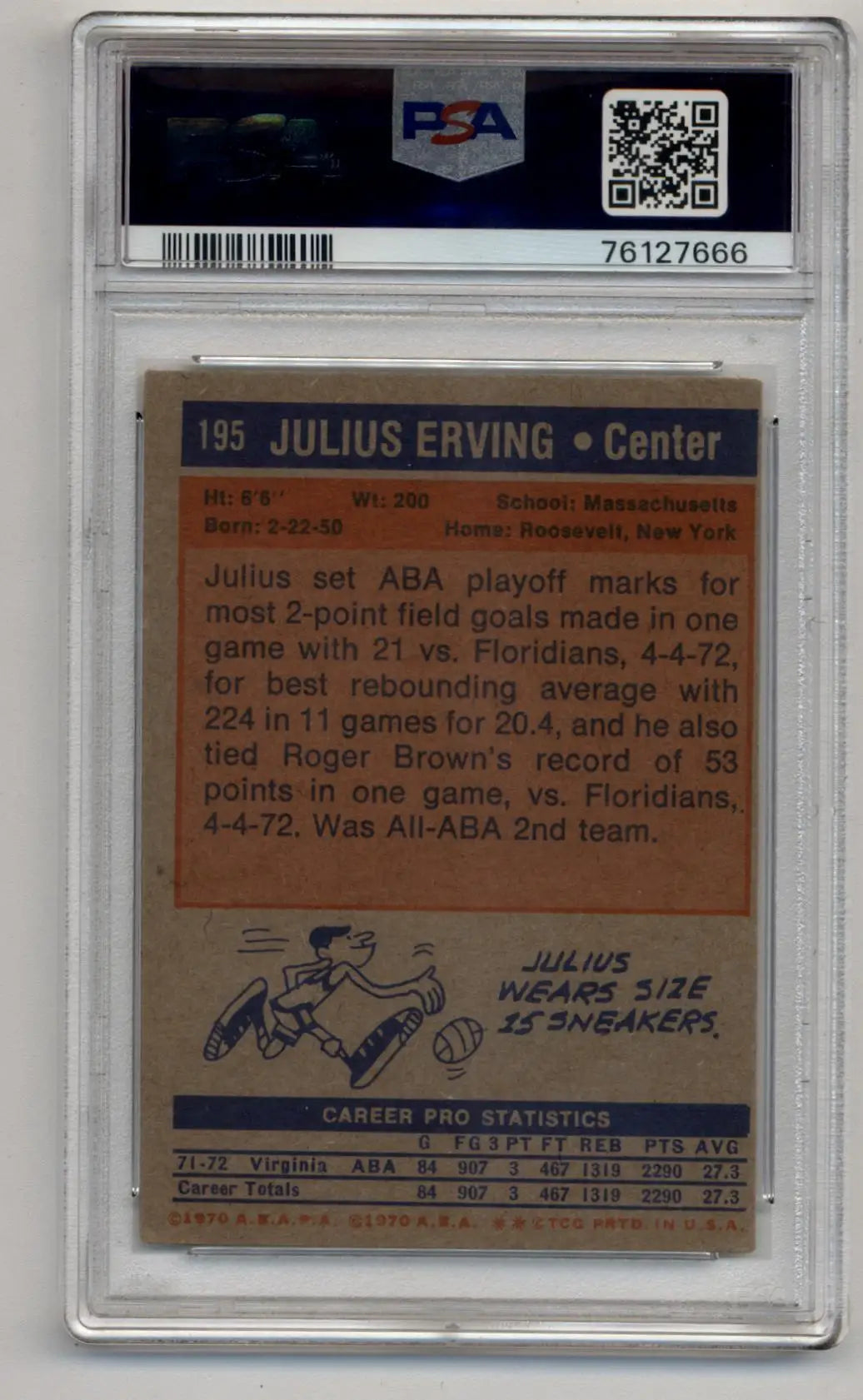 Graded 1972 Topps Julius Erving basketball card PSA 3 Very Good collectible