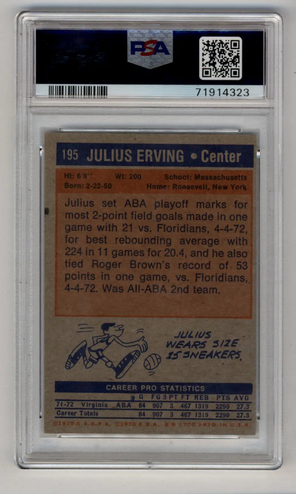PSA-graded vintage trading card of Julius Erving from 1972-73 Topps in excellent condition