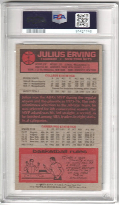 Graded Julius Erving basketball card from 1976 Topps by Columbia Hobby featuring Sixers star