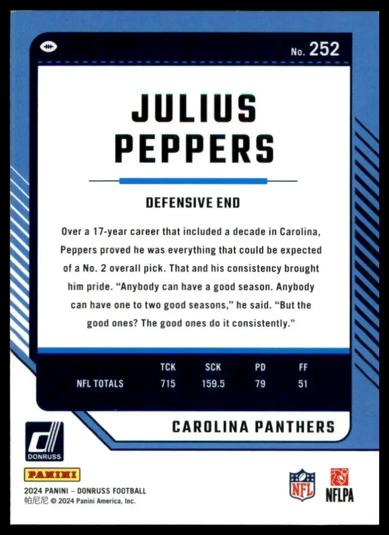 Julius Peppers football card from 2024 Donruss series featuring Carolina Panthers logo