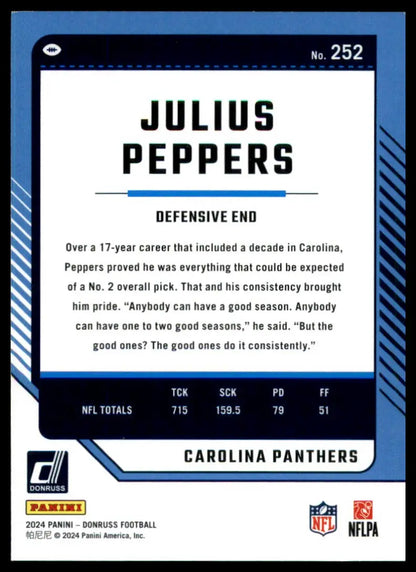 Julius Peppers football card from 2024 Donruss series featuring Carolina Panthers logo