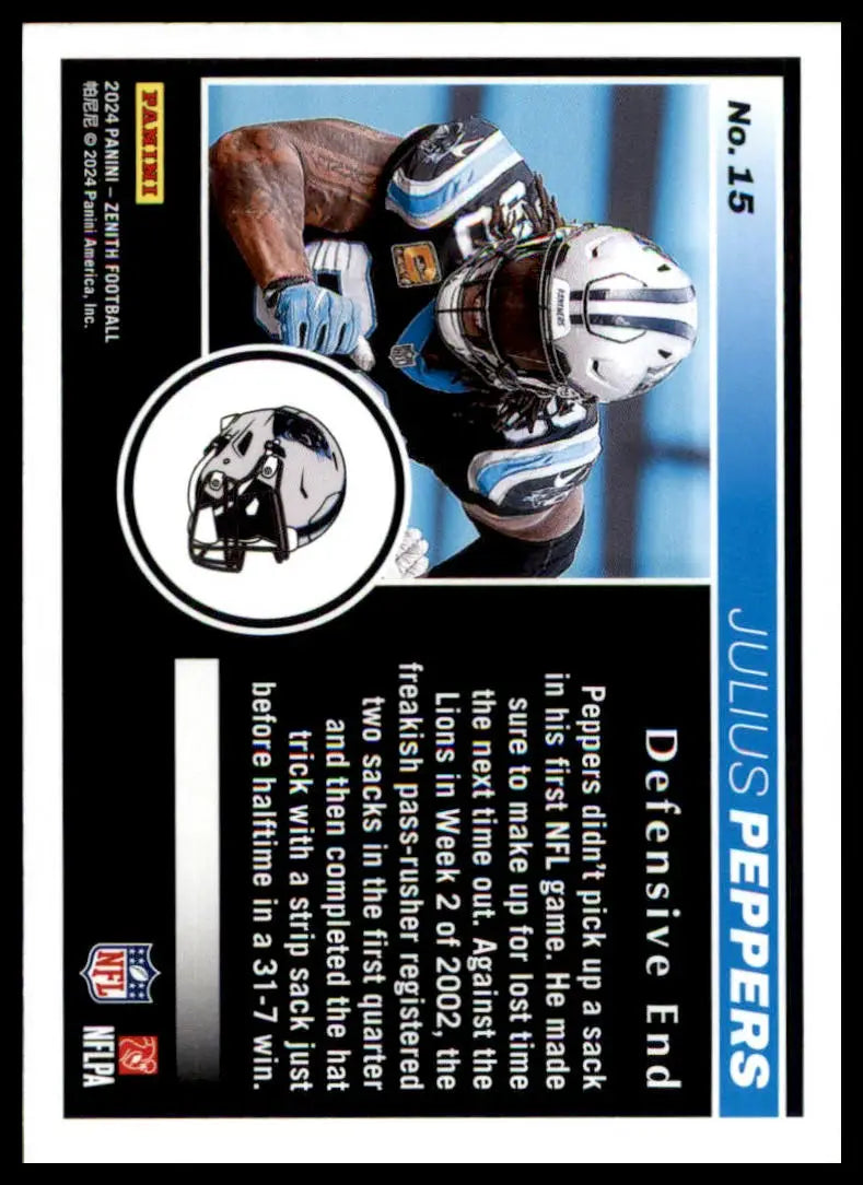 Football card featuring Julius Peppers from Panini Zenith 2024 Carolina Panthers collection