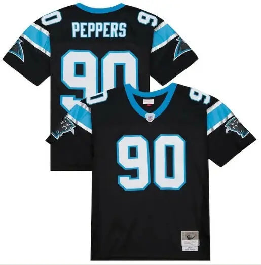 Black Julius Peppers Carolina Panthers #90 football jersey displayed in product image