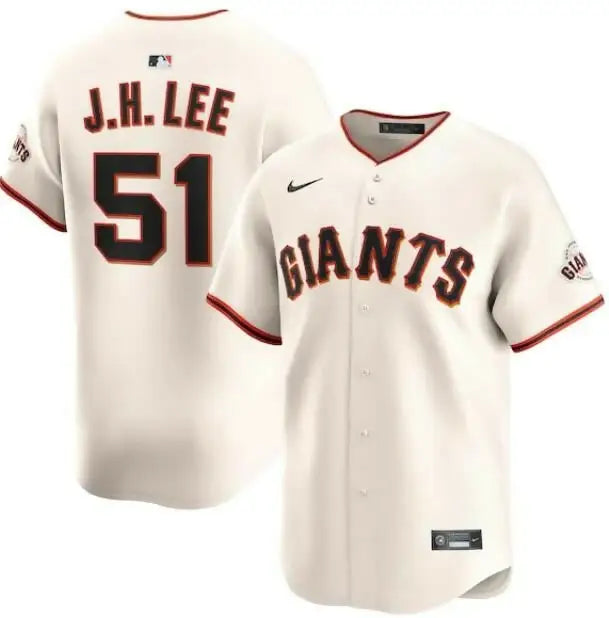 Off-white San Francisco Giants Nike Home Limited Player Jersey with black lettering and orange accents