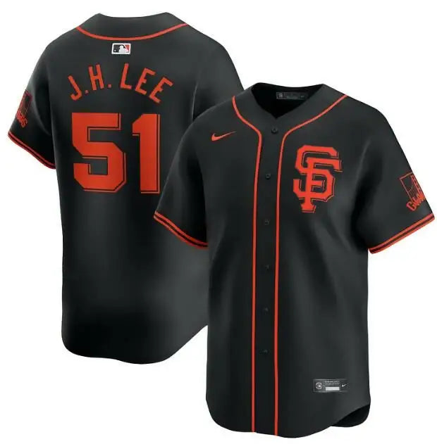 Black San Francisco Giants Nike home limited player jersey with orange accents and SF logo