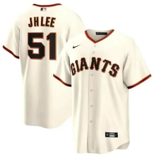 Off-white San Francisco Giants Nike home jersey with Jung Hoo Lee 51 on back and Giants logo