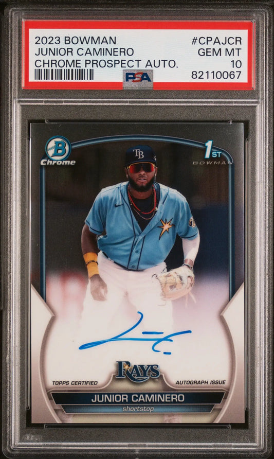 PSA 10 Gem Mint Junior Caminero 2023 Bowman Chrome Auto baseball card in blue uniform