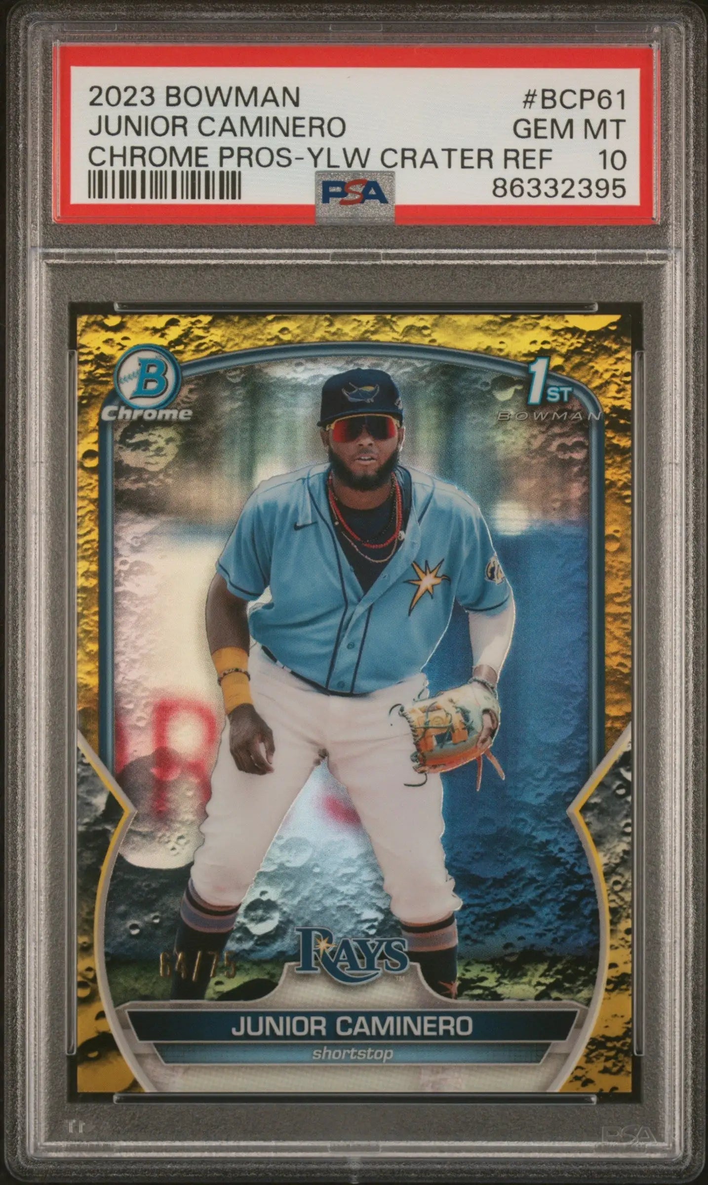 PSA-graded Junior Caminero 2023 Bowman Chrome Yellow Crater baseball card in gem mint condition