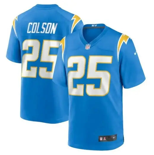 Blue Los Angeles Chargers Junior Colson Nike Game Jersey with number 25 and COLSON on back