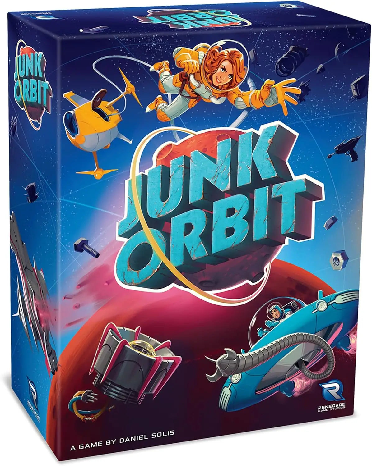 Junk Orbit 2.0 board game box displayed, exciting game box for fun space adventures