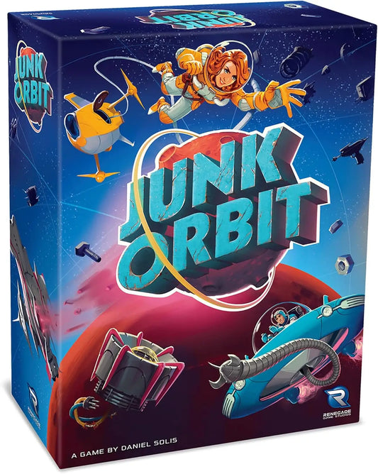 Junk Orbit 2.0 board game box displayed, exciting game box for fun space adventures