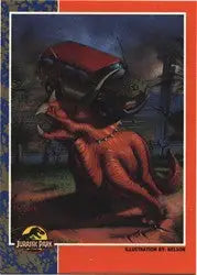 Reddish-orange dinosaur with sharp teeth on Jurassic Park Series 1 promo card