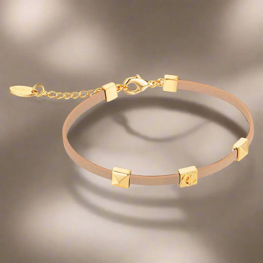 Just Cavalli beige leather bracelet with gold pyramid studs and lobster clasp closure