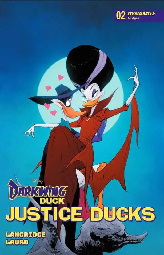 Darkwing Duck in a dramatic pose with red cape against a full moon for Justice Ducks