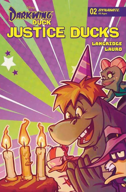 Comic book cover for Justice Ducks #2 with Darkwing Duck blowing out candles