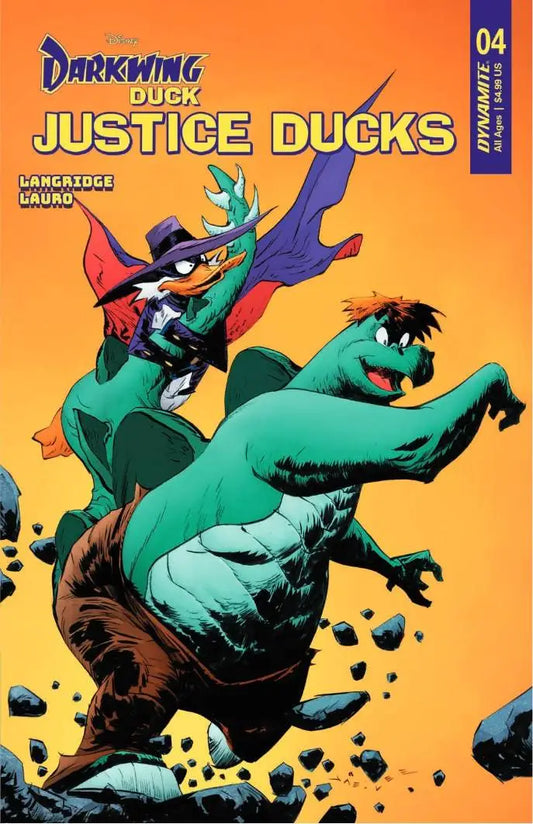 Caped duck character on green alligator in Justice Ducks trading cards cover art