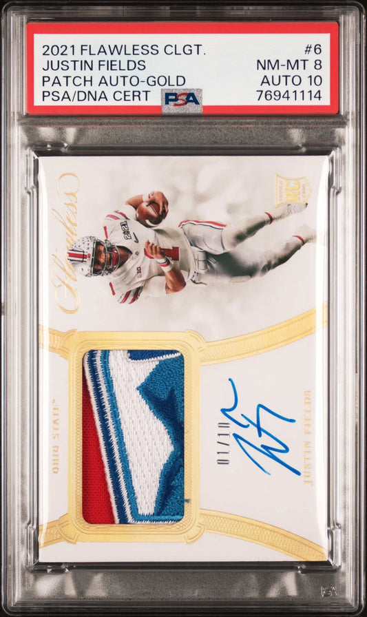 Justin Fields 2021 Panini Flawless Collegiate Gold Patch Auto #1/10 PSA 8 Auto 10 - Singles