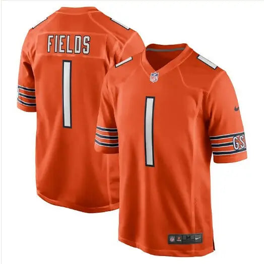 Orange Justin Fields Chicago Bears Nike game jerseys with Fields 1 name and number