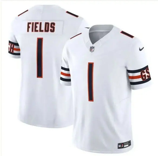 White Justin Fields Chicago Bears Nike Vapor F.U.S.E. Limited Jersey with orange and navy accents