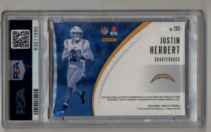 NFL trading card in protective case featuring Justin Herbert Absolute Materials Auto Spectrum