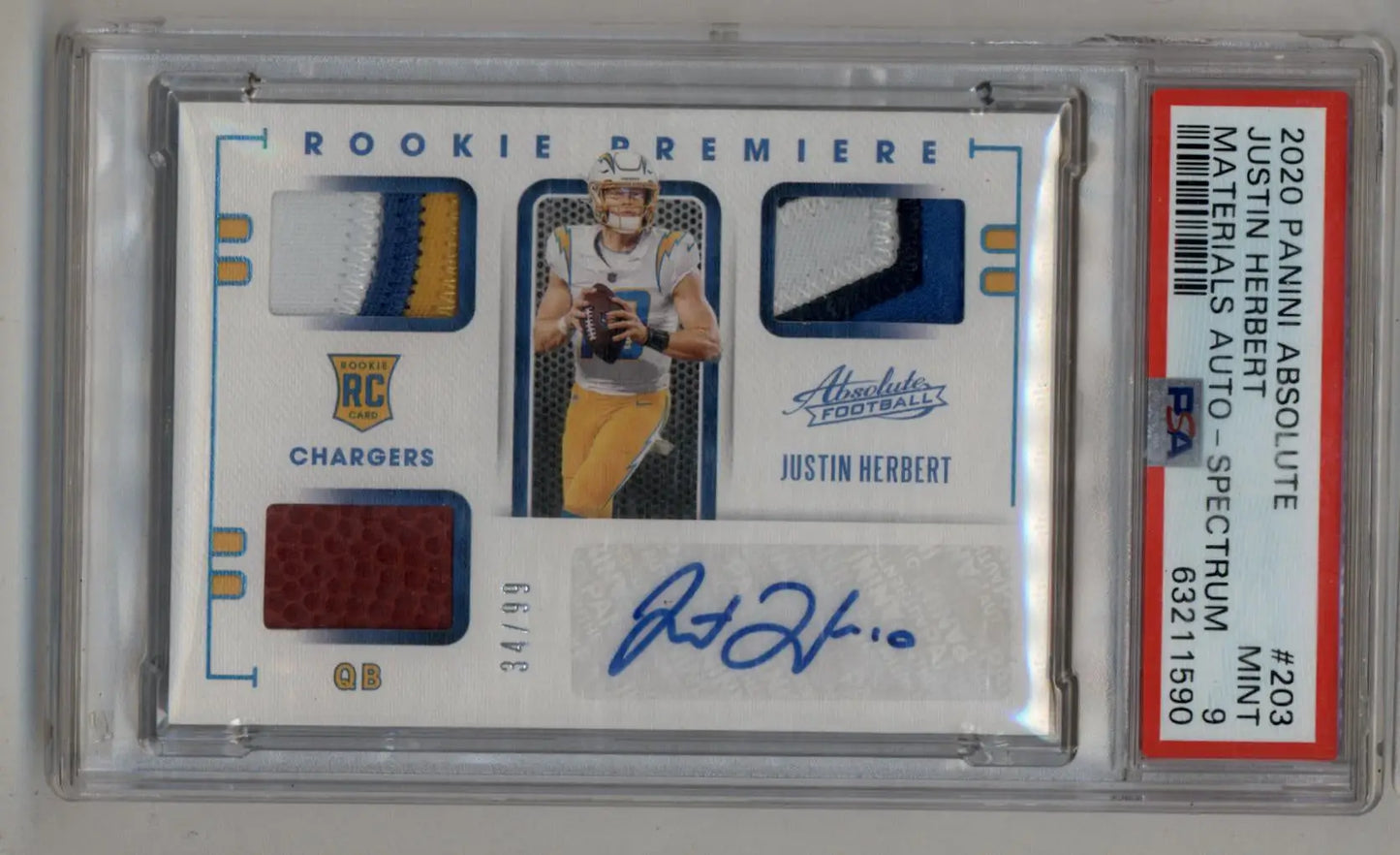 Justin Herbert 2020 Absolute Materials Auto Spectrum football card with patches and autograph