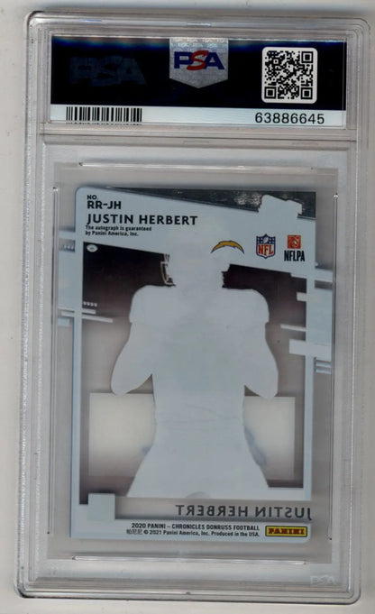 PSA-graded Justin Herbert rookie auto NFL trading card from 2020 Chronicles Donruss