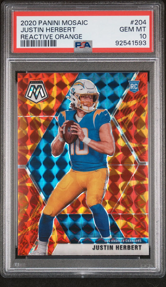 Justin Herbert 2020 Panini Mosaic #204 Reactive Orange PSA 10 Gem Mint card display