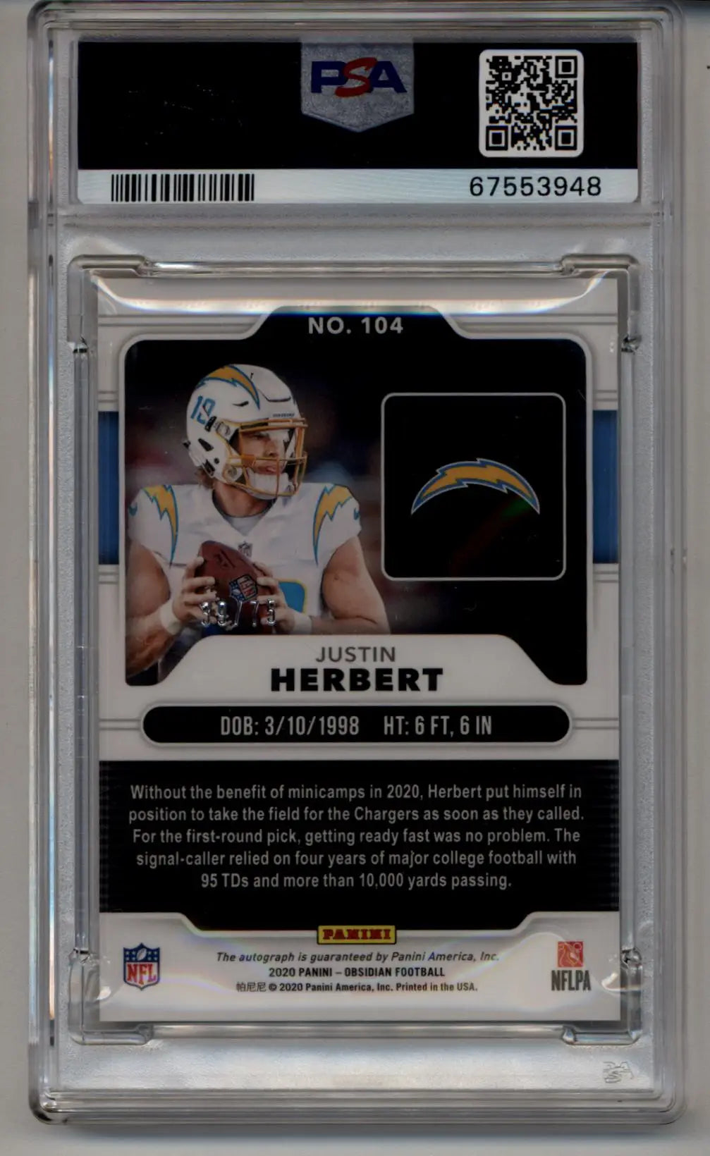 Justin Herbert 2020 Panini Obsidian Rookie Auto Electric Etch Orange #104 Justin Herbert 39/75 PSA 10 Gem Mint - Singles