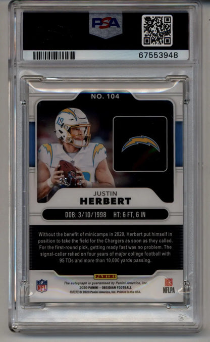Justin Herbert 2020 Panini Obsidian Rookie Auto Electric Etch Orange #104 Justin Herbert 39/75 PSA 10 Gem Mint - Singles