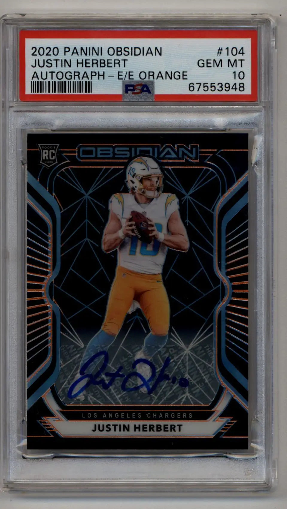 Justin Herbert 2020 Panini Obsidian Rookie Auto Electric Etch Orange #104 Justin Herbert 39/75 PSA 10 Gem Mint - Singles