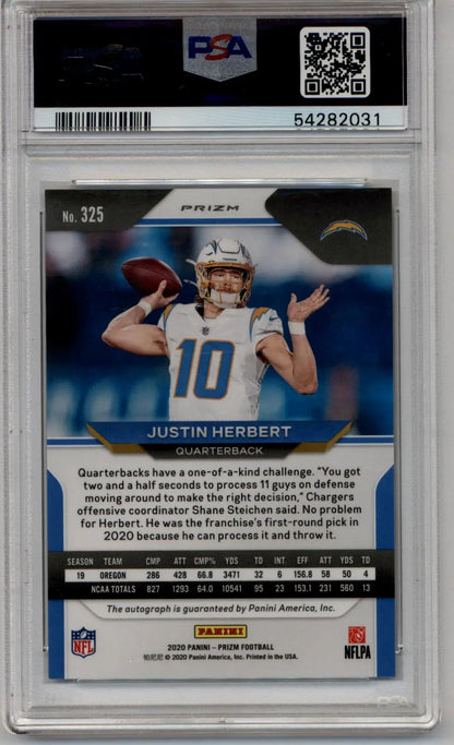 Justin Herbert 2020 Panini Prizm Auto PSA 10 Gem Mint NFL card throwing pose
