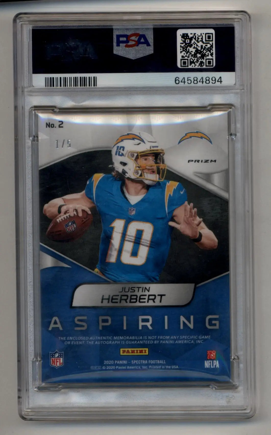 Justin Herbert 2020 Spectra Aspiring Orange Auto Patch 1/5 PSA 8 Near Mint Mint Auto 10 - Singles