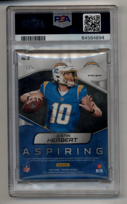 Justin Herbert 2020 Spectra Aspiring Orange Auto Patch 1/5 PSA 8 Near Mint Mint Auto 10 - Singles