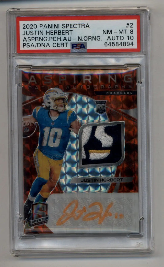 Justin Herbert 2020 Spectra Aspiring Orange Auto Patch 1/5 PSA 8 Near Mint Mint Auto 10 - Singles