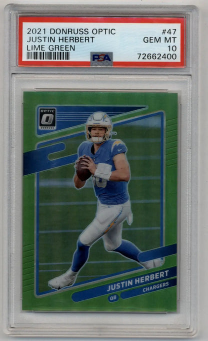Justin Herbert Donruss Optic Lime Green football card 2021 PSA 10 Gem Mint