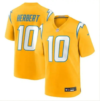 Yellow and light blue Justin Herbert Los Angeles Chargers Nike Alternate jersey with number 10