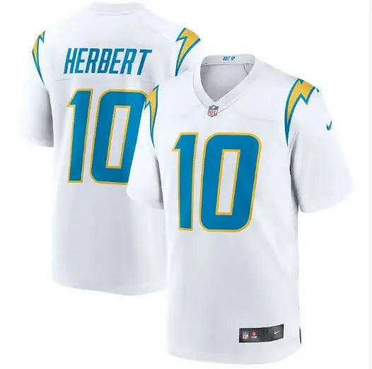 White Justin Herbert Los Angeles Chargers Nike Alternate Game Jersey with HERBERT and 10 in light blue with gold trim