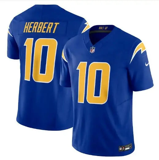 Blue and gold Justin Herbert Los Angeles Chargers Nike Vapor F.U.S.E. Limited Jersey with number 10