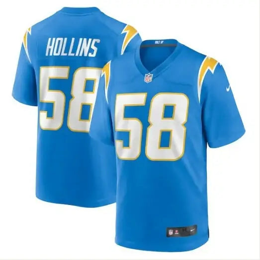 Light blue Los Angeles Chargers NFL football jersey with number 58 and Hollins on back
