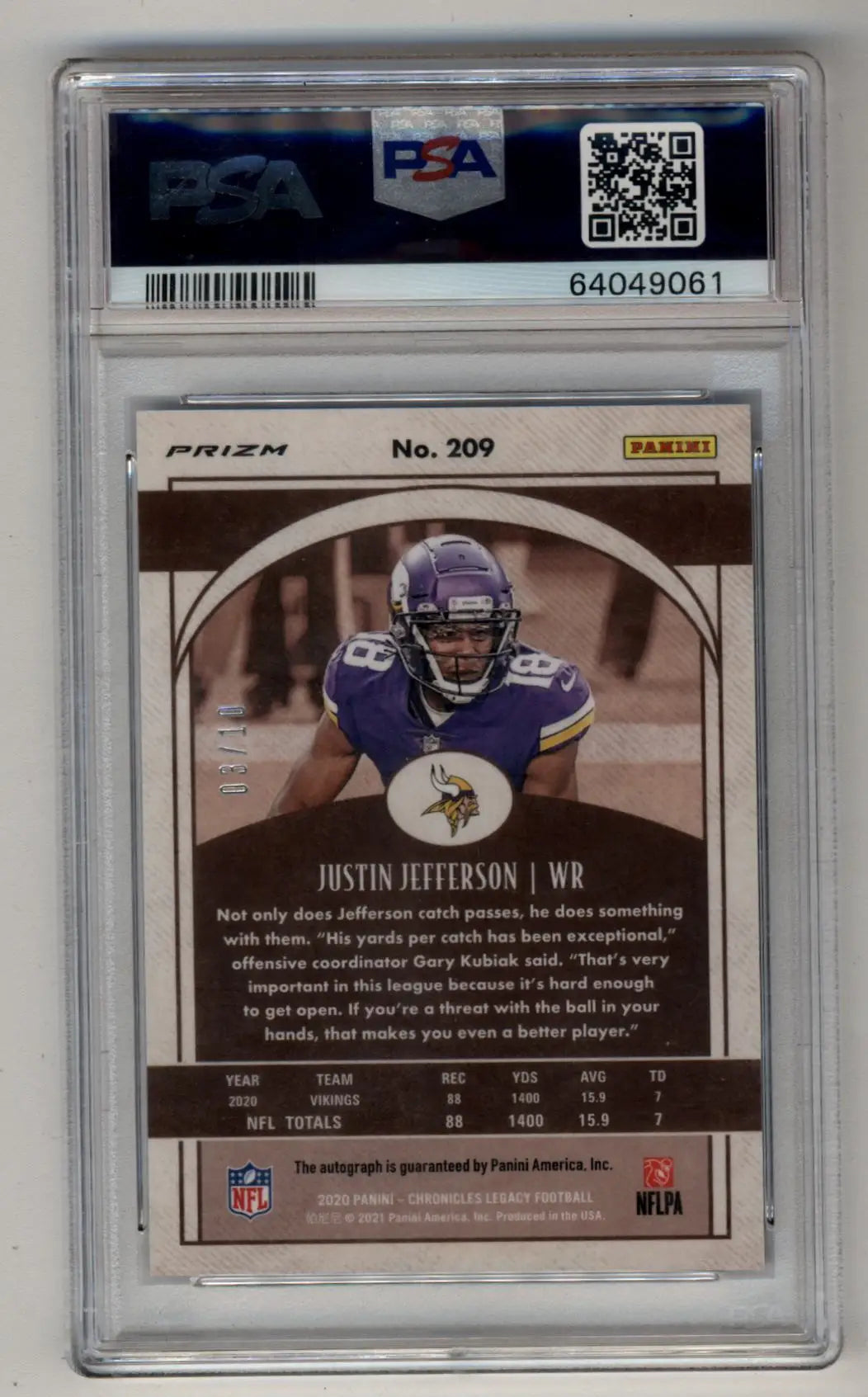 PSA-graded Justin Jefferson 2020 Chronicles Legacy Signature Blue Auto 03/10 in case