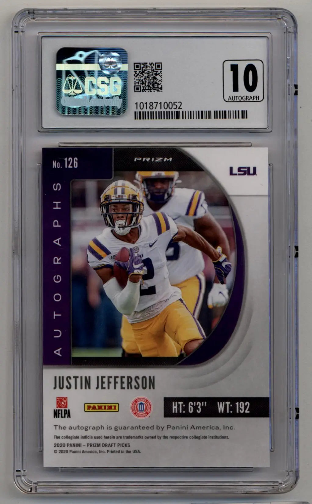 Graded Justin Jefferson Prizm Draft Picks card in black snake skin CSG 9.5 Gem Mint