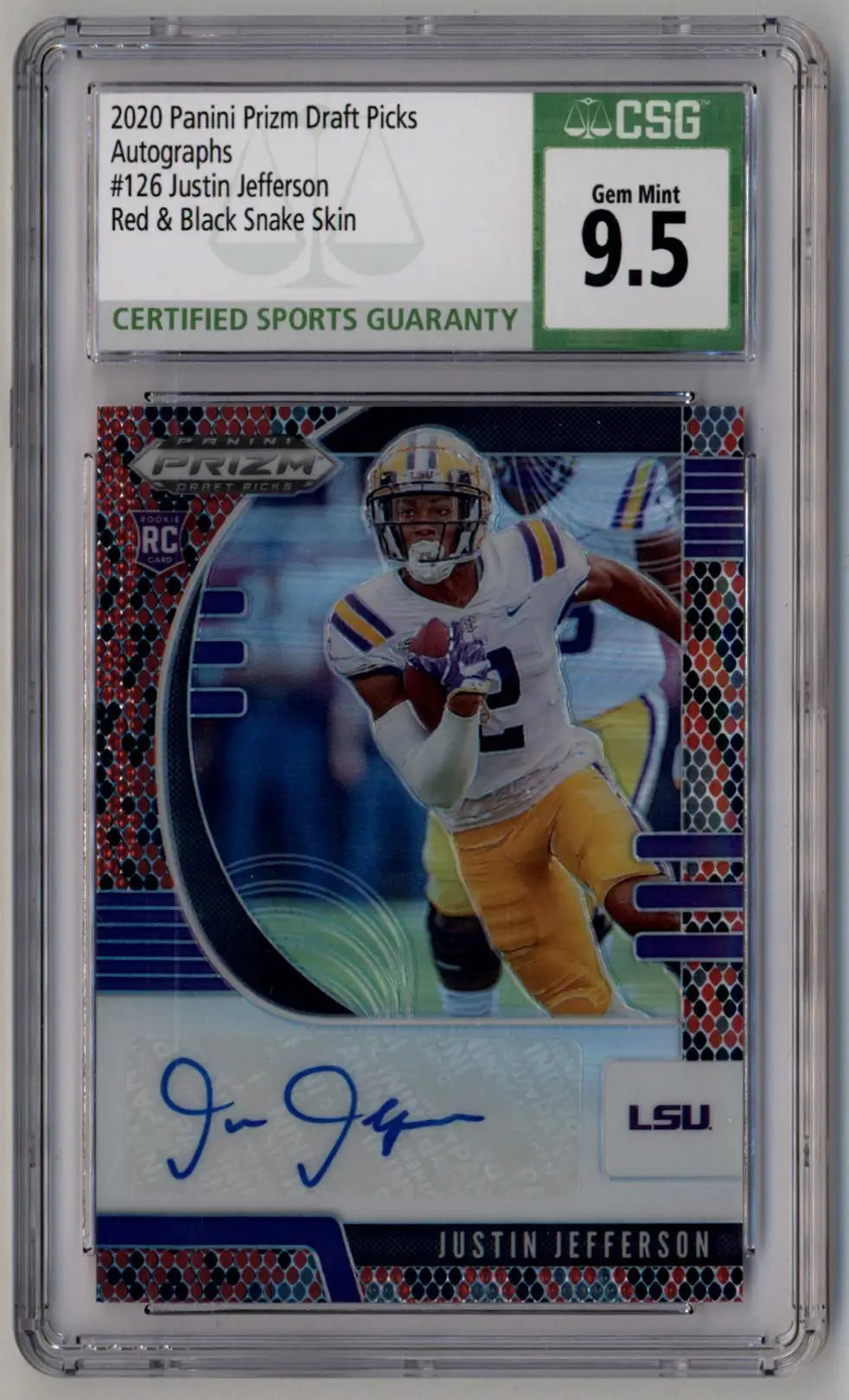 Justin Jefferson 2020 Prizm Draft Picks #126 Auto Red & Black Snake Skin CSG 9.5 Gem Mint - Singles
