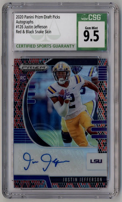 Justin Jefferson 2020 Prizm Draft Picks #126 Auto Red & Black Snake Skin CSG 9.5 Gem Mint - Singles