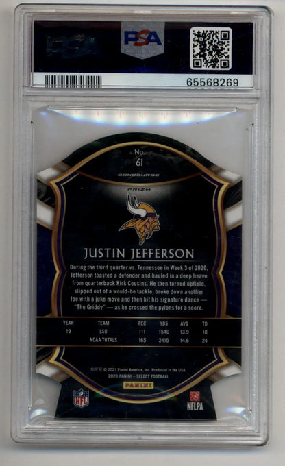 Justin Jefferson graded football trading card with Vikings logo in gem mint condition